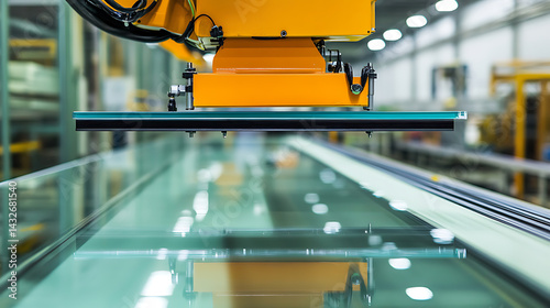A robotic arm in a glass manufacturing plant, assembling double-glazed window panels, suction cups lifting glass sheets