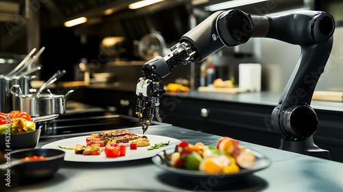 A robotic arm in a high end kitchen, delicately plating gourmet food with chef-like precision, Culinary-tech style