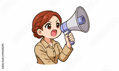 cute woman standing and talking through a megaphone cartoon illustration