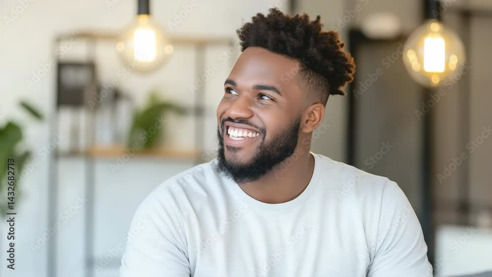 A man with a beard is smiling and wearing a white shirt. He is sitting on a couch in a room with a potted plant nearby A man with a beard is smiling and wearing a white shirt. He is sitting on a couch in a room with a potted plant nearby