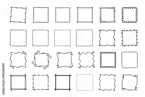 Square doodle stamp frames, hand-drawn wavy curly monograms. Edgings and cadres with simple sketchy scribble swirl design elements. Isolated. Vector illustration.