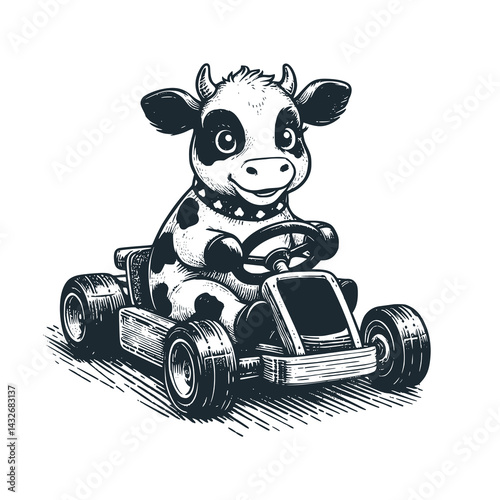 Cute Dairy Cow Racing a Go-Kart – Black and White Icon Vector and Illustration