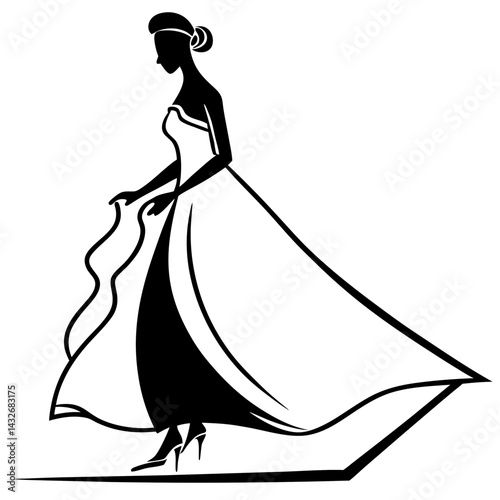 A silhouette of a bride walking down the aisle, her flowing dress trailing gracefully behind her