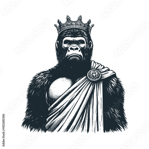 Regal Gorilla: A Primate Emperor in Crown and Robe – Black and White Icon Vector and Illustration