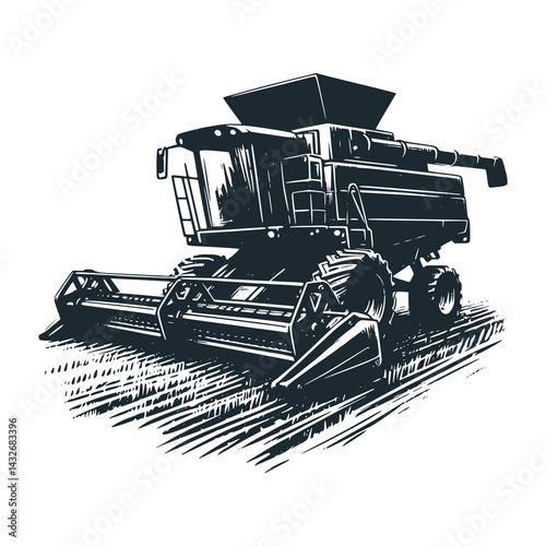 Modern Combine Harvester in a Golden Wheat Field – Black and White Icon Vector and Illustration