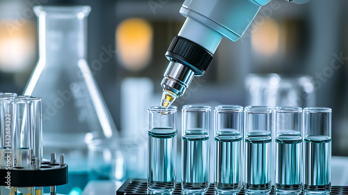 A robotic arm in a laboratory precisely manipulating chemical samples in glass containers, advanced sensors monitoring the reaction, clean sterile environment