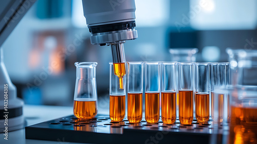 A robotic arm in a laboratory precisely manipulating chemical samples in glass containers, advanced sensors monitoring the reaction, clean sterile environment