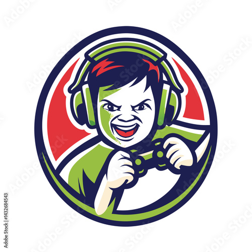 Smiling gamer child with headphones and controller