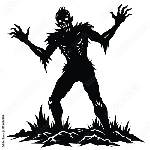 Silhouette of a Creepy Zombie with Raised Arms Isolated on a White Background