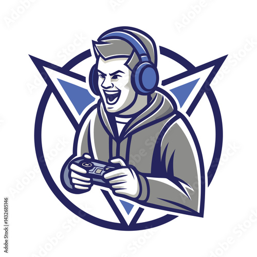 Excited gamer with headphones and controller