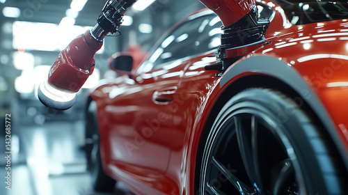 A robotic arm in a luxury automotive workshop, polishing a newly painted sports car body with an advanced buffing pad, bright showroom lighting