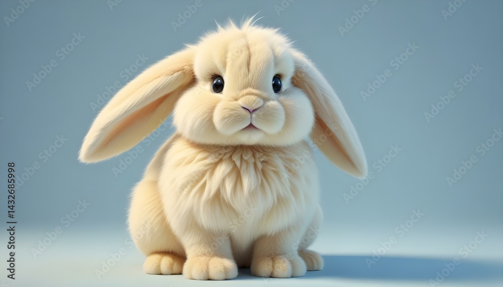 Fototapeta premium A charming and fluffy cream bunny sits, showcasing adorable features against a light-blue backdrop.