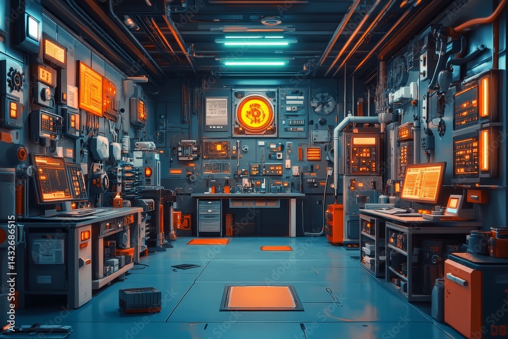 Fototapeta premium Futuristic lab, robot repair, glowing tech, night