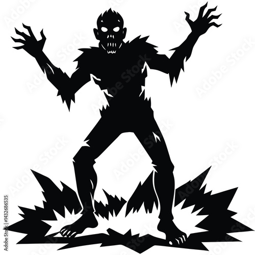 Creepy Undead Silhouette on Ground with Grass, Horror Monster Black and White Design