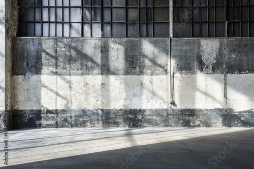 Industrial interior space with concrete walls and large windows. photo