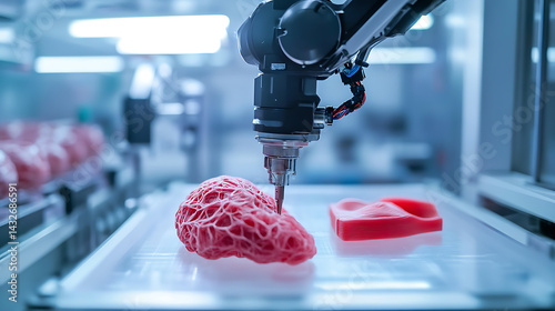 A robotic arm in a next generation 3D bio printing lab, creating artificial organs layer by layer, Bio-tech style