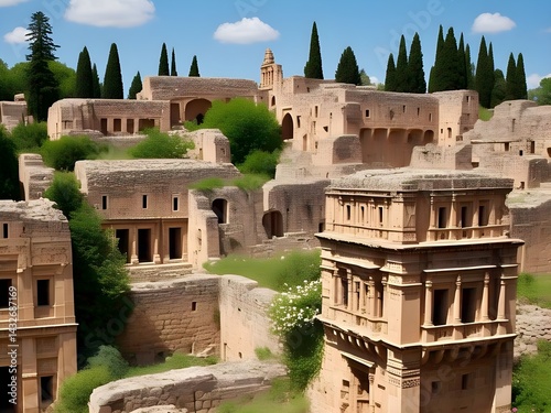 ancient Desert Ruins Surrounded by Lush Greenery under Blue Sky