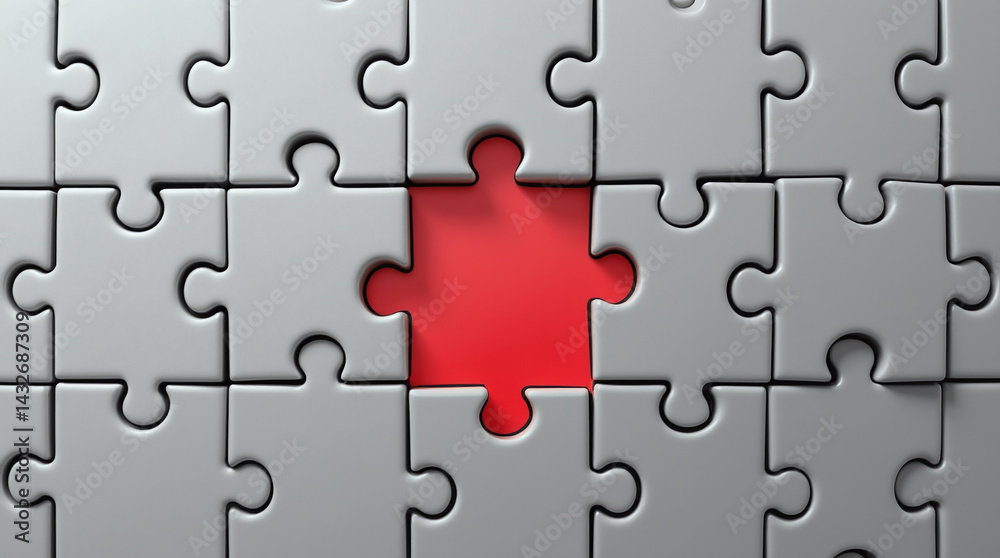 Fototapeta premium Grey Puzzle Pieces with Red Missing Piece