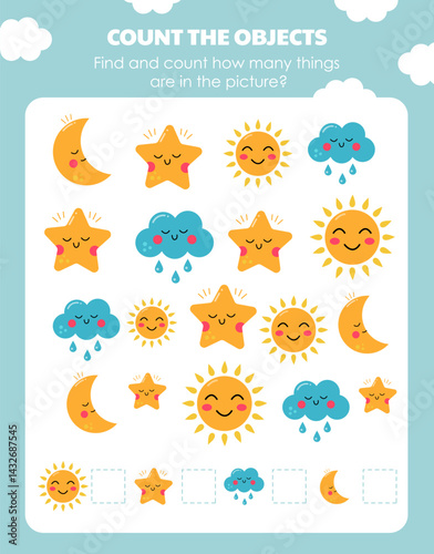 A page with a task for children to count the number of objects in a picture