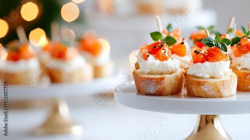 Smoked Salmon and Cream Cheese Bruschetta on White Cake Stand