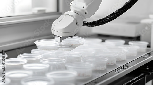 A robotic arm in a pharmaceutical research lab, handling petri dishes for bacterial culture analysis, sterile lab environment with white surfaces