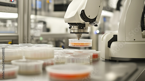 A robotic arm in a pharmaceutical research lab, handling petri dishes for bacterial culture analysis, sterile lab environment with white surfaces