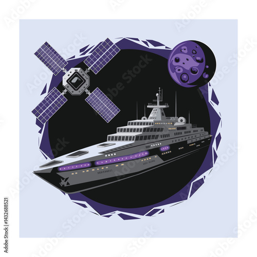 Futuristic Space Travel Vector Illustration Featuring Rocket Launch, Astronaut, and Cosmic Galaxy Background