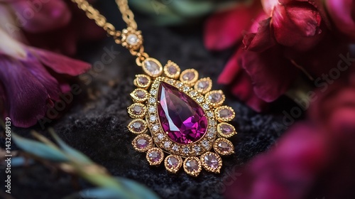 Radiant Purple Gemstone Pendant:  Gold, Diamonds, and Romantic Floral Setting