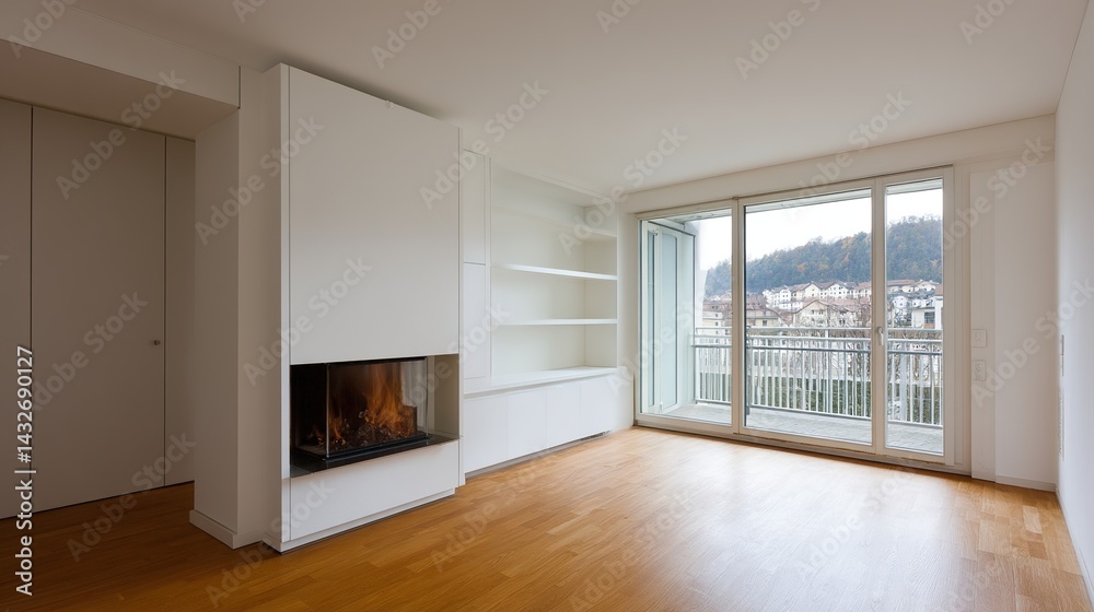 Fototapeta premium Bright Living Room with Empty White Wall, Simple Furniture, Natural Window Light, Clean Minimalist Design