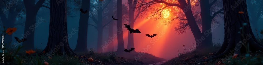 Fototapeta premium Dark forest, firelight, bats, smoke, Halloween magic , celebration, dark, design