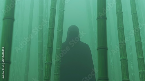 Mysterious hooded figure standing silently amidst tall green bamboo stalks in a foggy forest.