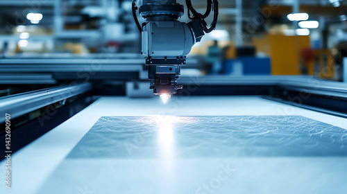A robotic arm in a textile factory operating a fabric cutting machine, automatic laser cutters carving intricate patterns, brightly lit workspace