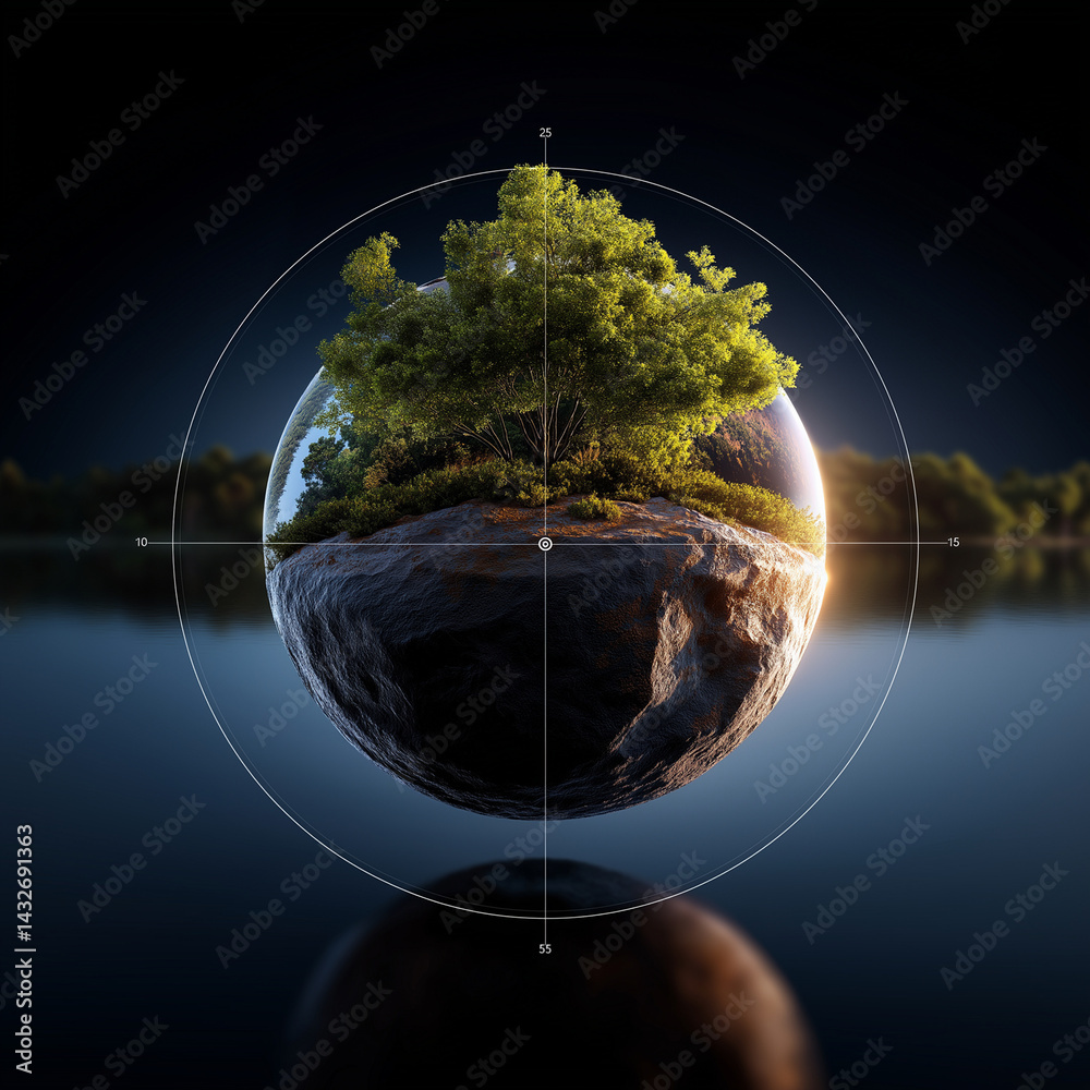 Kreatives Konzeptbild mit leuchtendem Baum auf einer Glaskugel vor dunklem Hintergrund mit Wasserreflexion