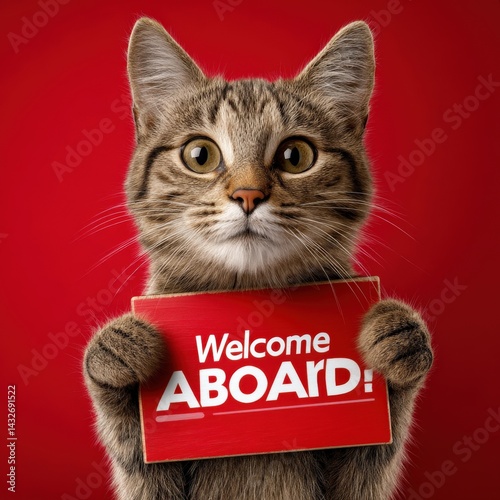 Tabby cat holding welcome aboard sign on red background