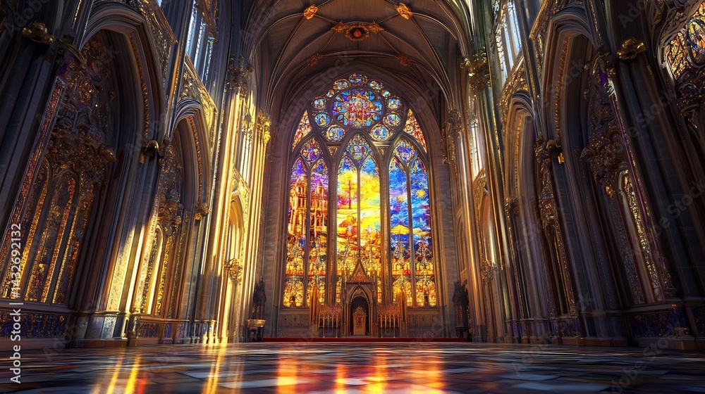 Fototapeta premium Majestic Cathedral Interior: Sunlit Stained Glass and Golden Hues