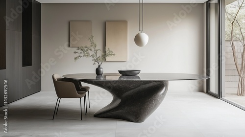 A modern kitchen and sophisticated dining room interior.	
