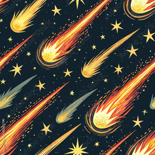  Seamless comet background, dynamic yellow and orange strokes depicting a fiery comet streaking through space with copy space  