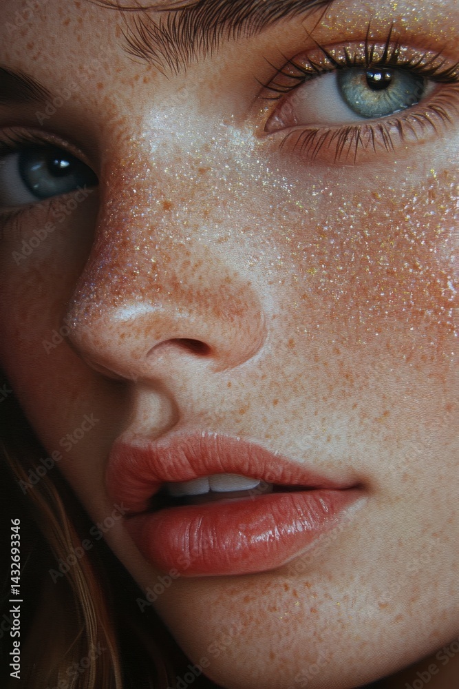 Fototapeta premium Closeup Portrait Of A Young Woman With Sparkle Makeup And Freckles Soft Lighting
