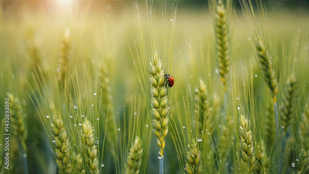 A ladybug rests atop a dew-kissed wheat stalk.