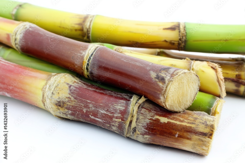 Fototapeta premium Fresh Sugarcane Stalks on White Background. Healthy Eating, Agriculture.