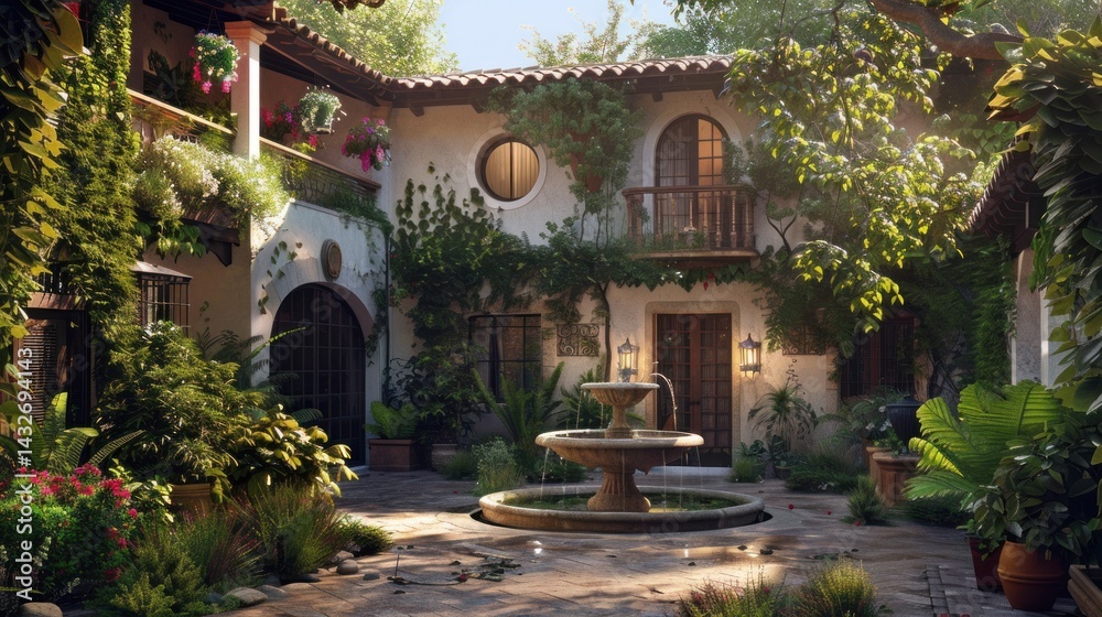 Fototapeta premium Tranquil Courtyard with Fountain