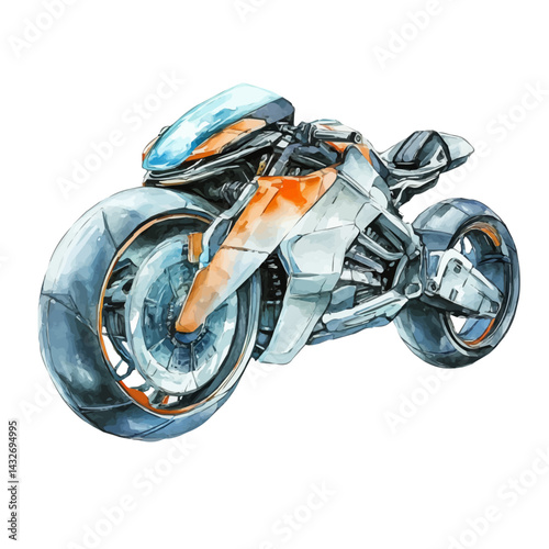 Futuristic Motorcycle With Levitation Wheels, watercolor vector, isolated on a white background.