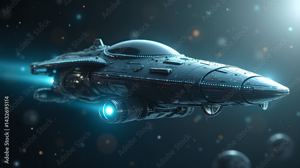 Futuristic interstellar spaceship with energy propulsion travelling through space Futuristic interstellar spaceship with energy propulsion travelling through space