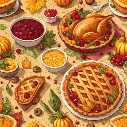Thanksgiving feast, vibrant splashes of color depicting turkey, cranberry sauce, and pies on a seamless warm and inviting background with copy space  