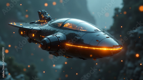 Futuristic spaceship flying through a surreal landscape with glowing particles