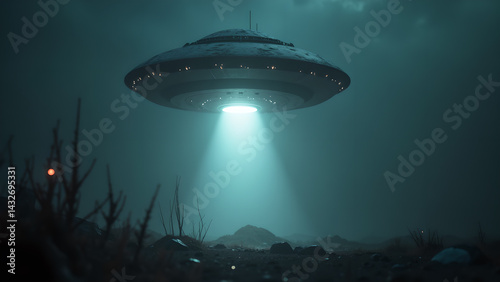 Mysterious encounter: Flying saucer descending with luminous beam in night