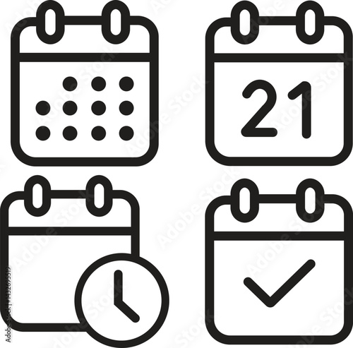 Set of Calendar icons in outline designs. Simple solid styles. Date, planner, pictogram, day, month, schedule and time event organizer vectors symbols concepts isolated on transparent background.