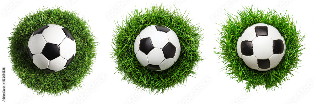 Obraz premium A set of realistic footballs resting on vivid grass textures, perfect for athletic visuals, isolated on a transparent background