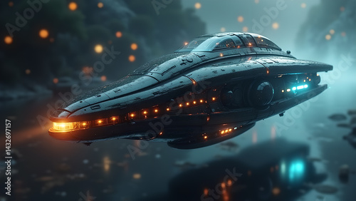 Futuristic spaceship soaring through an ethereal, atmospheric twilight landscape