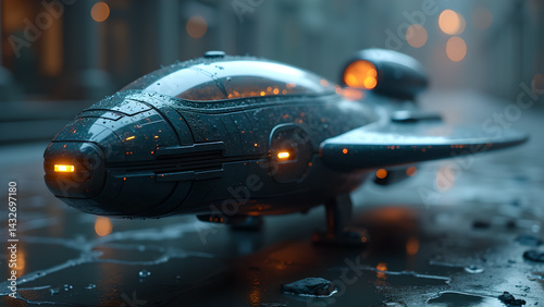 Futuristic aircraft lands on a wet street in a city of the future